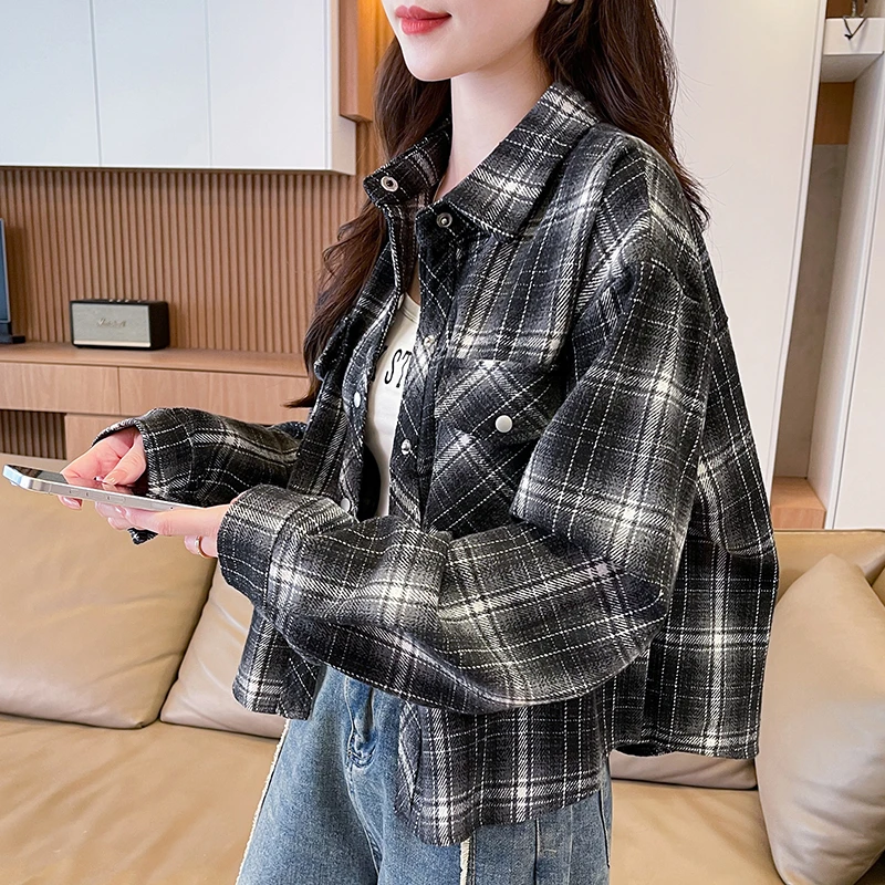时尚洋气格纹开衫衬衣女秋冬2025新款初高中学生休闲韩版衬衫外套