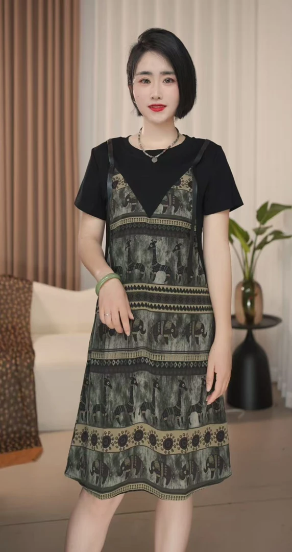 夏季印花显瘦拼接宽松腰连衣裙圆领国风拼色碎花气质假两件
