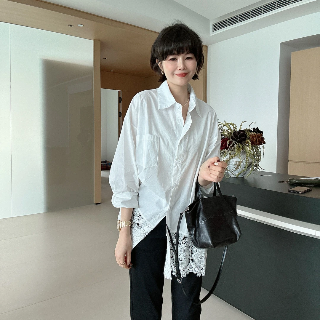 春秋蕾丝拼接宽松设计感衬衣休闲长袖衬衫