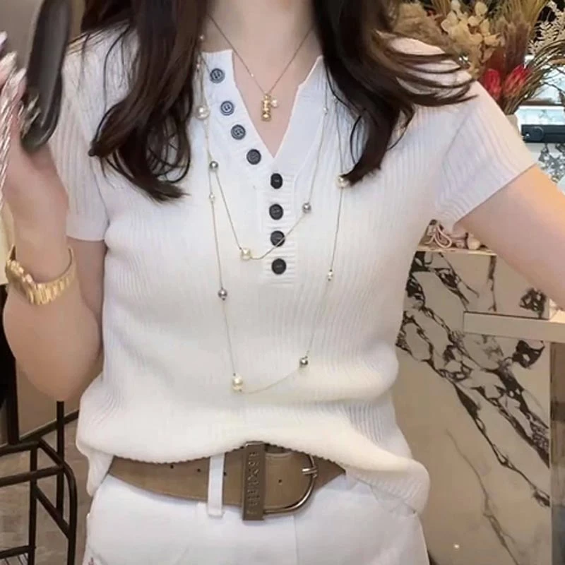 韩版气质洋气显瘦打底针织衫女2025夏季新款百搭修身时尚短袖上衣