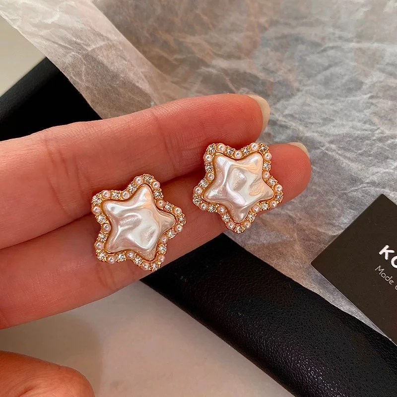 铜合金仿珍珠耳饰 无耳洞韩系精致星星微镶锆石高级感三角夹耳夹