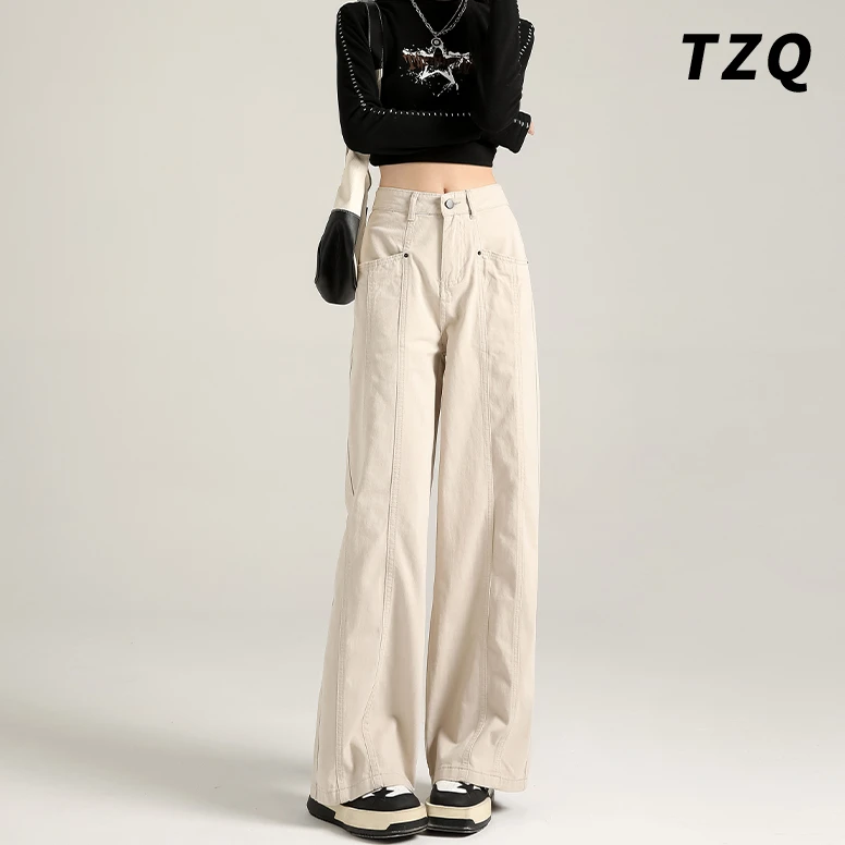 时髦复古阔腿牛仔裤女爆款2025年新款百搭宽松显瘦高腰直筒拖地裤