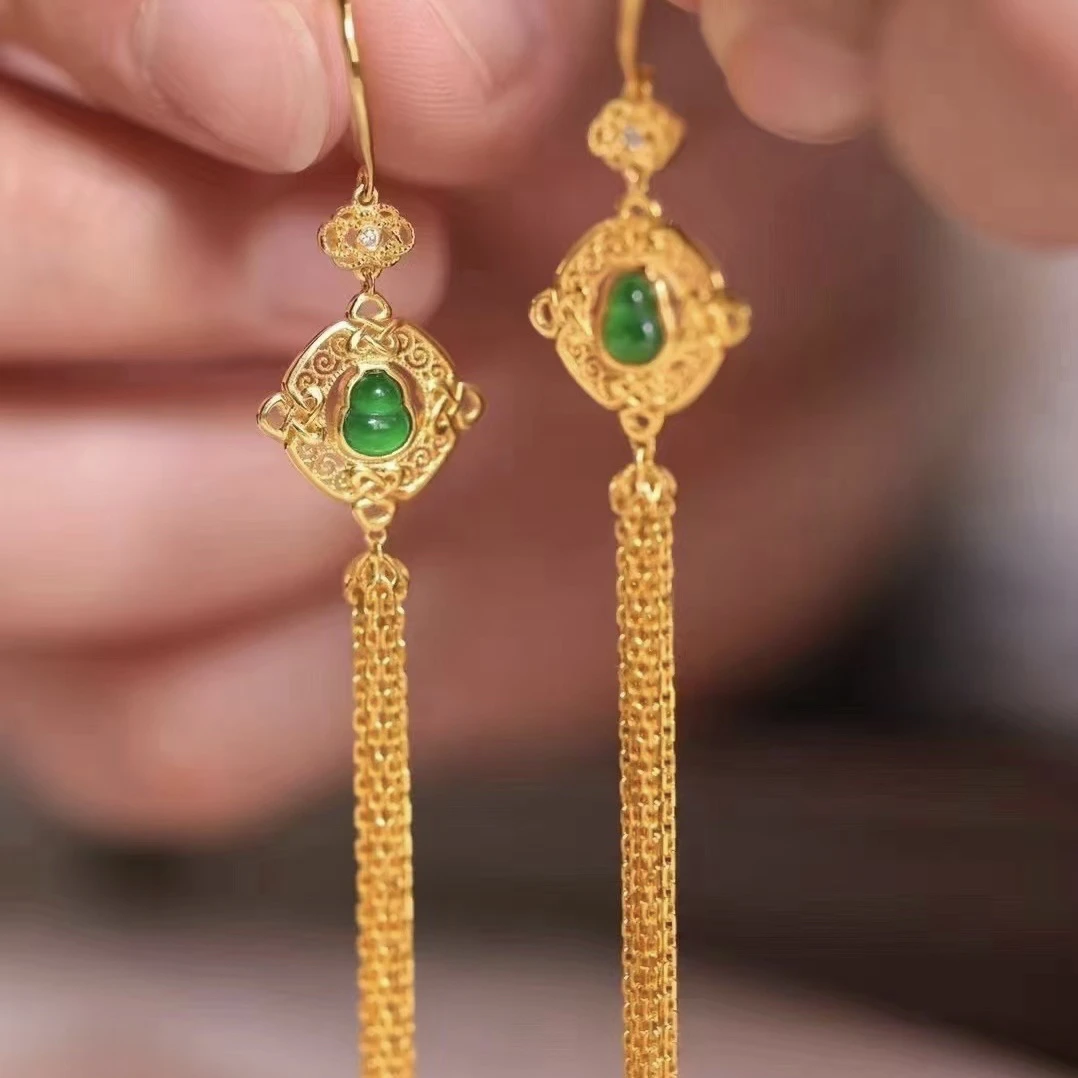 18k金翡翠葫芦流苏耳坠ZS