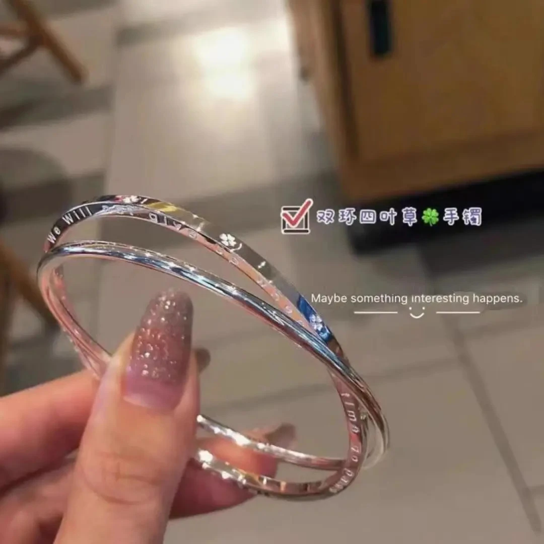 999.9银双环四叶草手镯甜美精致百搭设计情人节送女朋友礼物