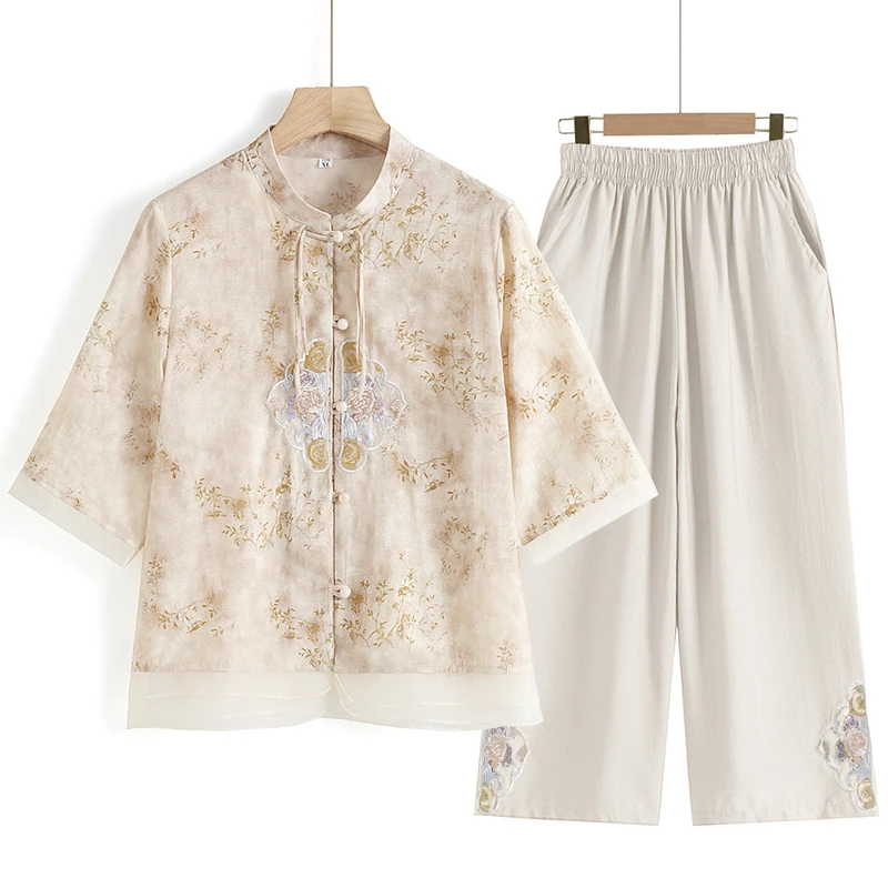 母亲节妈妈装夏季套装短袖新中式衬衫中老年女洋气T恤小衫两件套