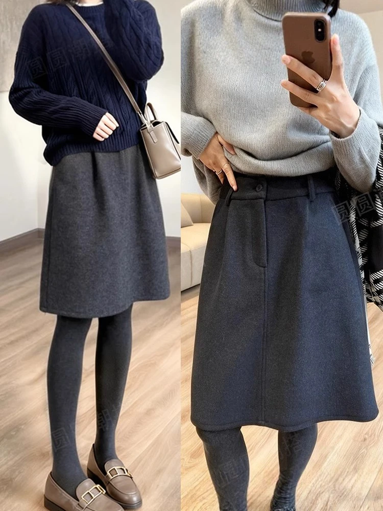 半身裙厚款毛呢短裙中裙显瘦包臀高腰中长款复古港风秋冬裙子A字