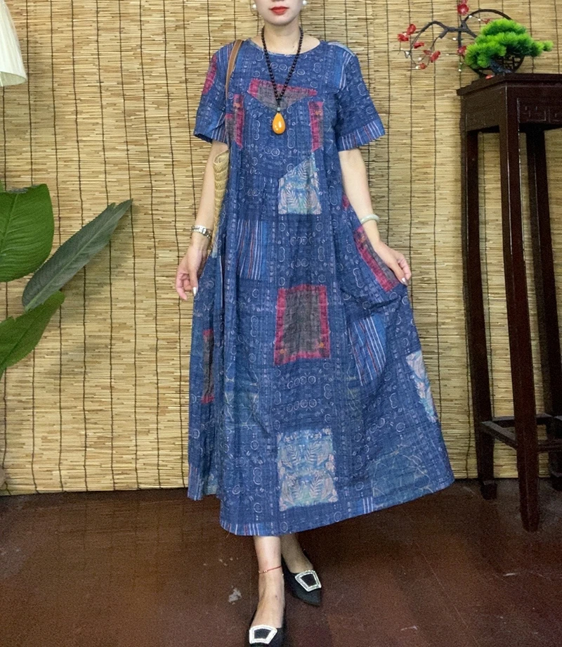 不规则方块--圆领夏季麻料连衣裙复古文艺过膝长裙宽松夏装中气质