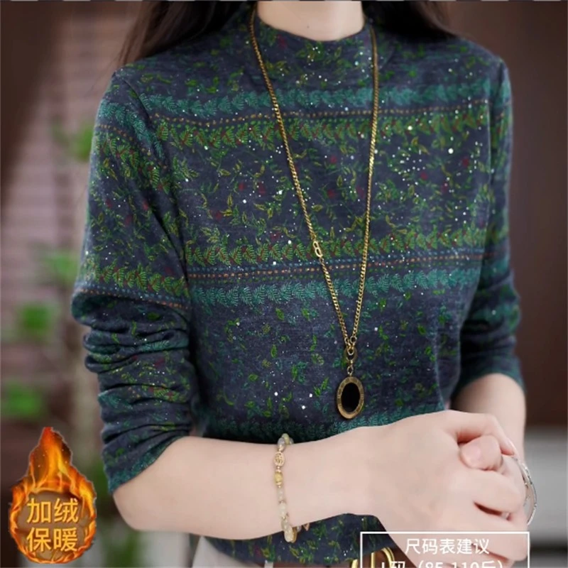 2025新款 宽松 设计感 气质 加绒打底衫百搭时尚显瘦复古印花圆领