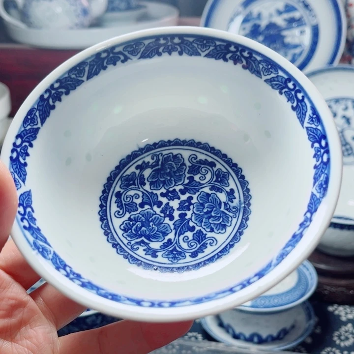 青花玲珑5寸饭碗牡丹花