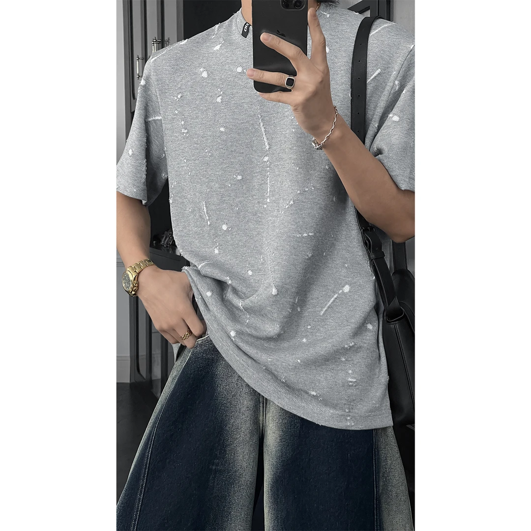 龙叨叨春夏新款潮流美式复古做旧磨破设计百搭宽松短袖圆领T恤