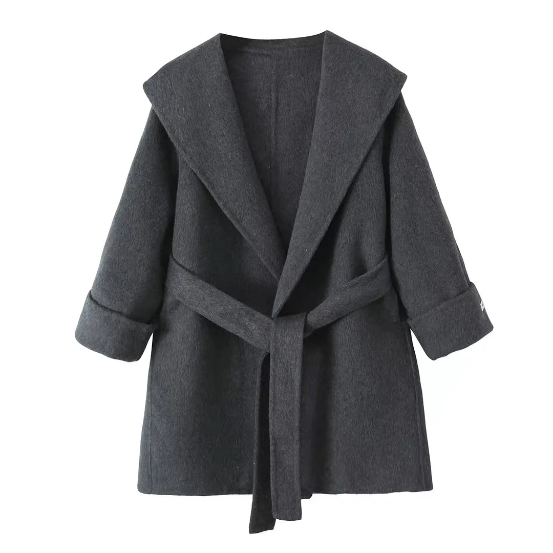 QL—90091秋冬新款小个子气质系带显瘦简约浴袍款外套大衣