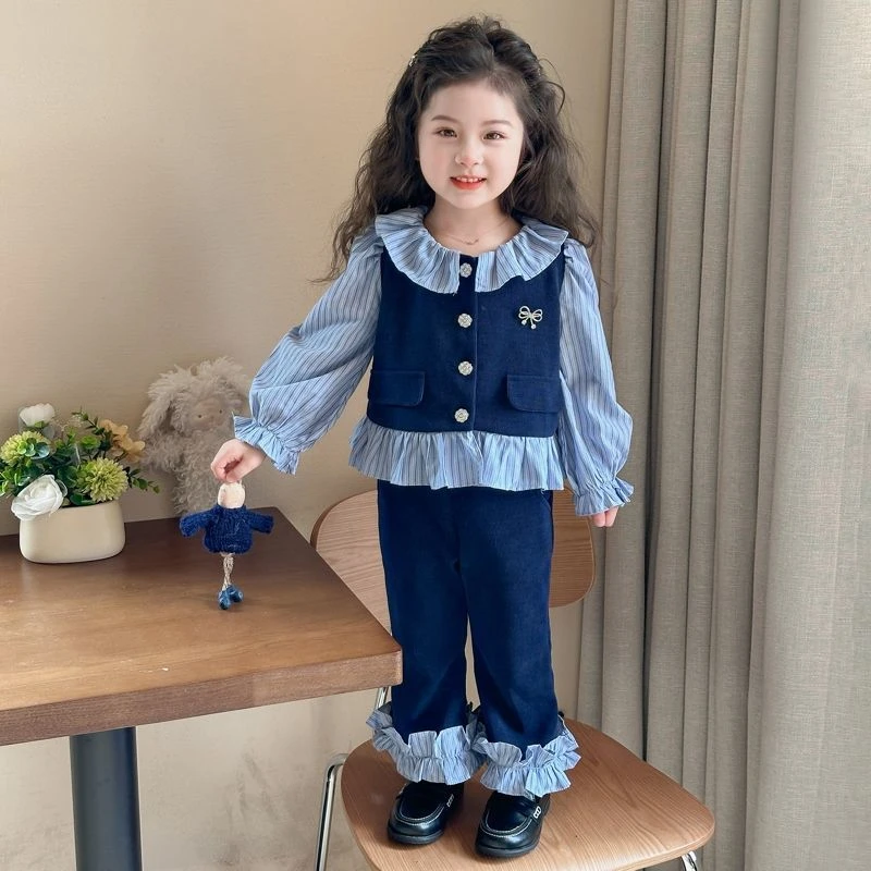 女童春季套装2025新款时髦儿童学院风两件套洋气宝宝韩版条纹上衣