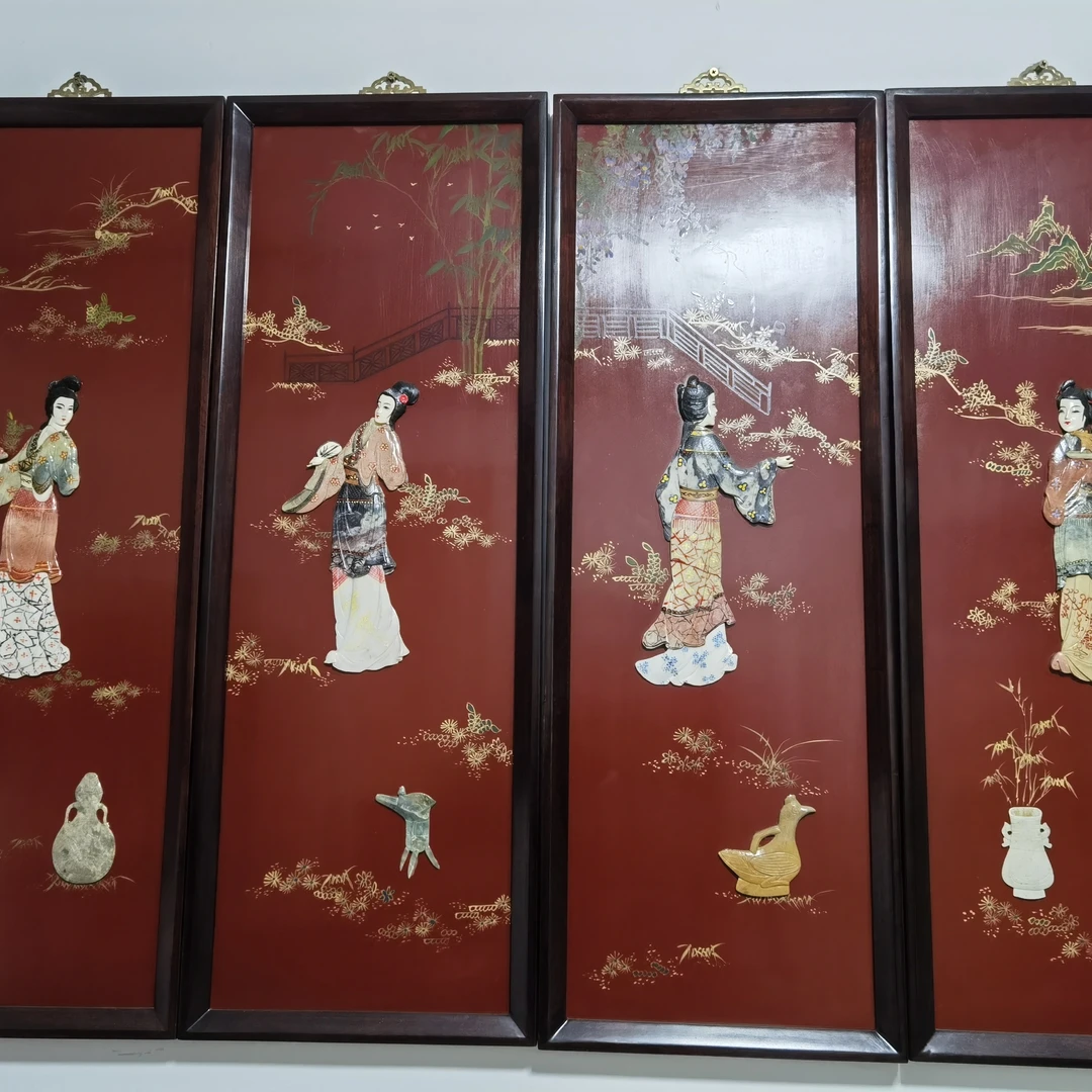 中国风四条屏漆画屏风骨石镶嵌描金彩绘玄关客厅隔断背景墙