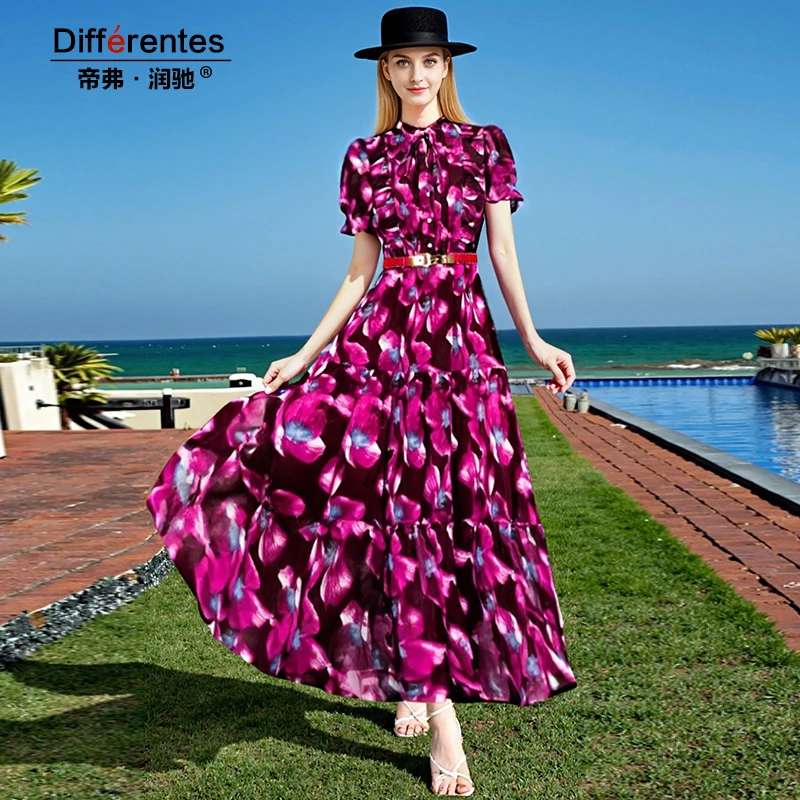帝弗润驰2025年夏季新款红色时尚连衣裙女高级感气质印花绝美长裙