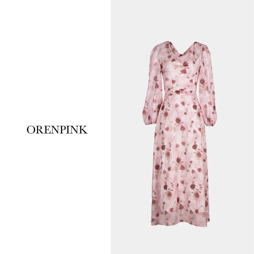 OREN PINK/奥粉25年新款早春款优雅荡领玫瑰花设计感女装连衣裙