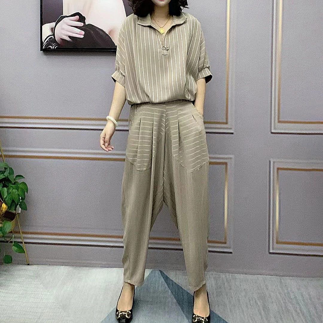 2025夏季新款时尚大码宽松显瘦条纹蝙蝠袖上衣哈伦裤子两件套装女