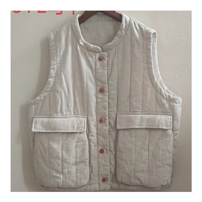 BRCP/布然初品冬季女款亚麻马甲盘扣大口袋保暖工装风7084-2