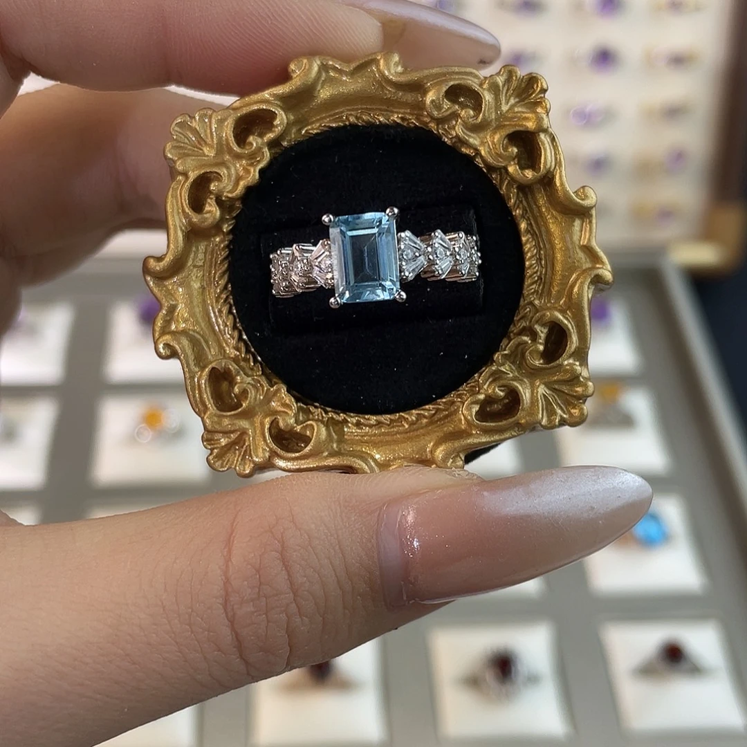 托帕石戒指银S925镶嵌豪镶长方