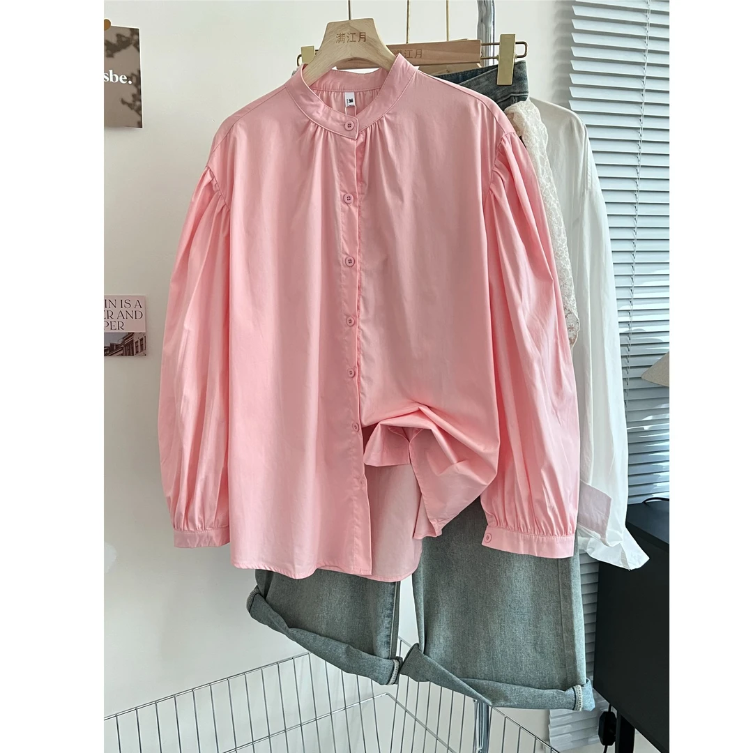 chic粉嫩别致秋季减龄宽松圆领衬衫法式独特漂亮灯笼袖上衣设计感