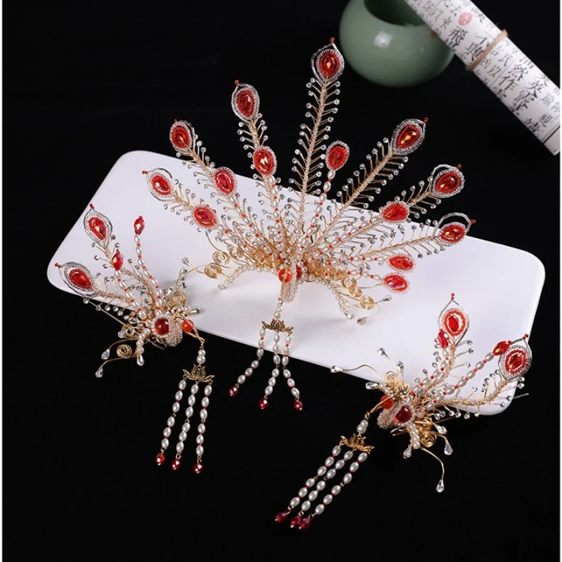 新中式新娘凤冠头饰婚礼发簪秀禾服发饰旗袍古风簪子复古凤凰发冠