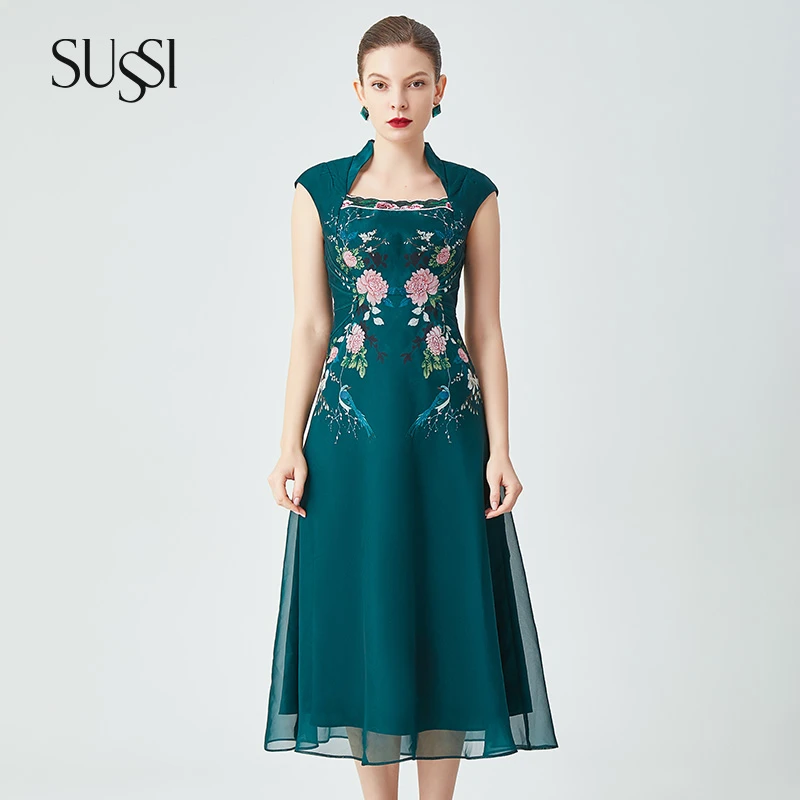 SUSSI/古色春夏商场同款墨绿刺绣高级感显瘦显白连衣裙女夏季