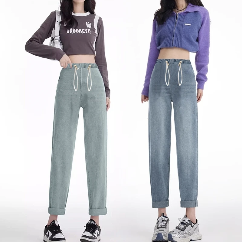 孕妇弹力天丝牛仔裤抽绳款夏季莱赛尔牛仔裤九分裤哈伦牛仔