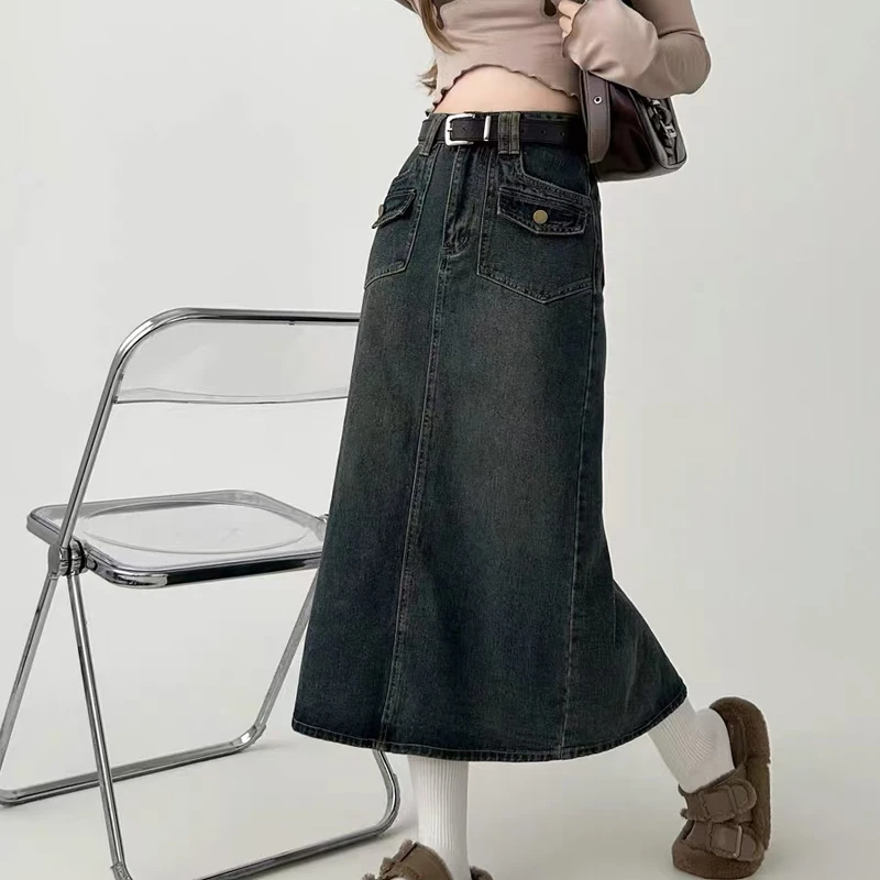 百搭显瘦牛仔半身裙女春季新款高腰宽松直筒长裙 16056