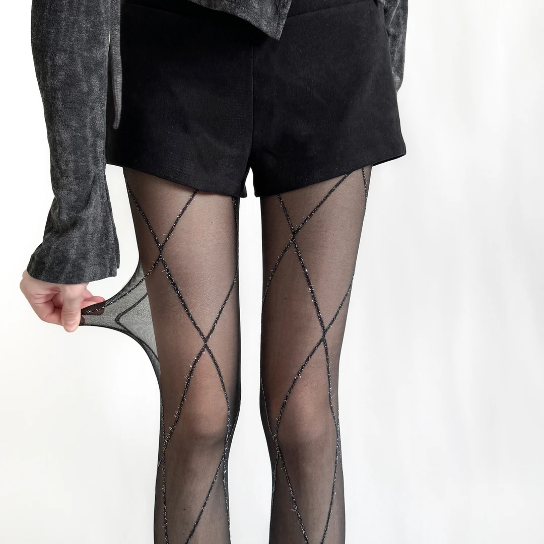 2025春夏新品复古交叉菱格银丝连裤袜纯欲奶白色显瘦亮丝菱形丝袜