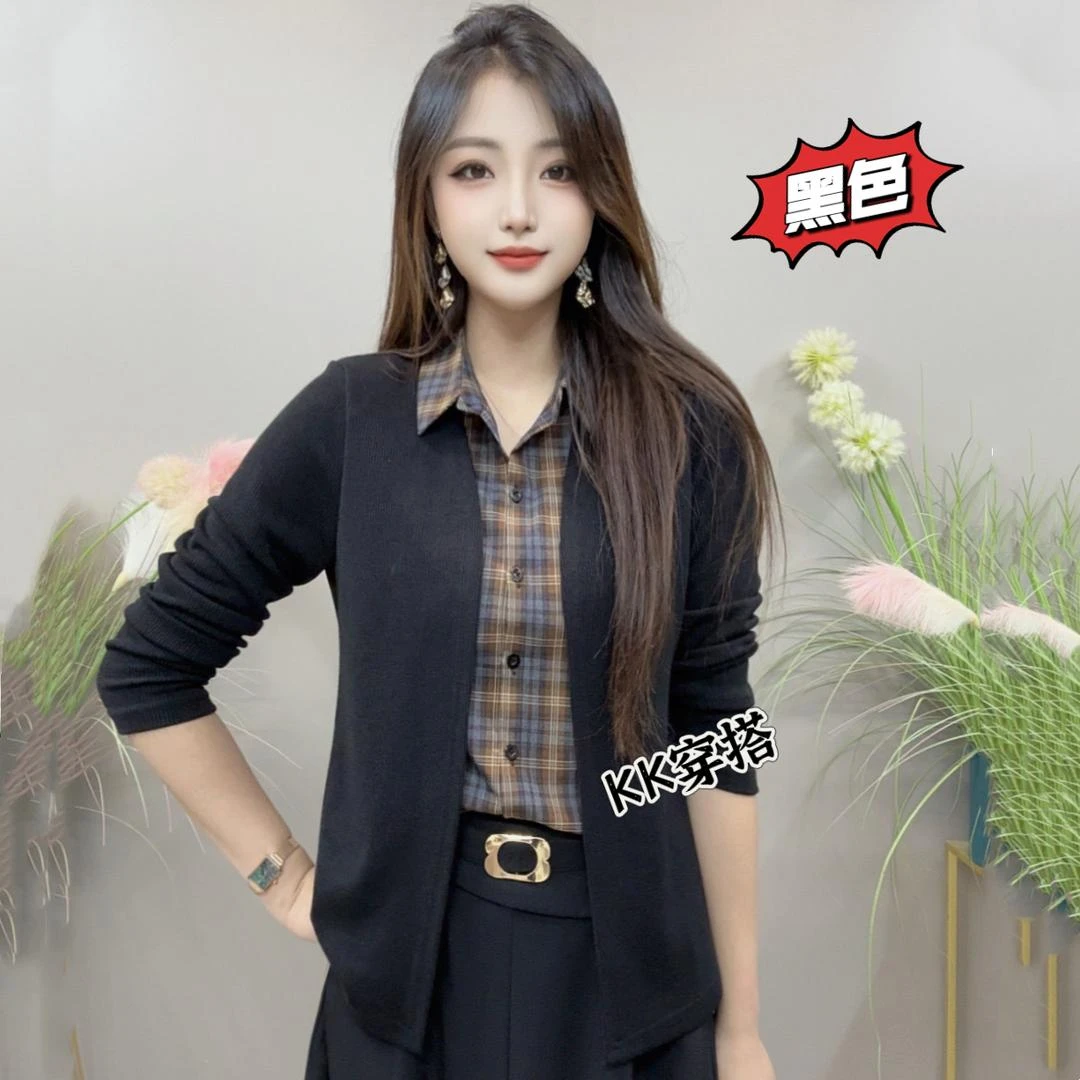 【KK】YLY8996秋季上新假两件纯色外搭经典格子内衬气质百搭衬衫