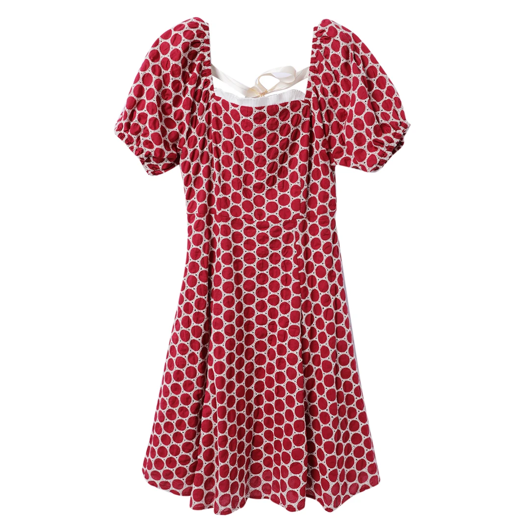 【小花波点裙】花式波点刺绣全棉绑带露背连衣裙2010796