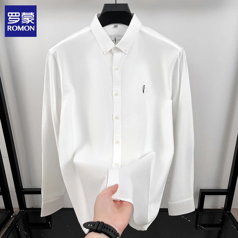 罗蒙衬衫男士磨毛纯棉刺绣长袖春秋款衬衣秋季打底男士长袖春秋款