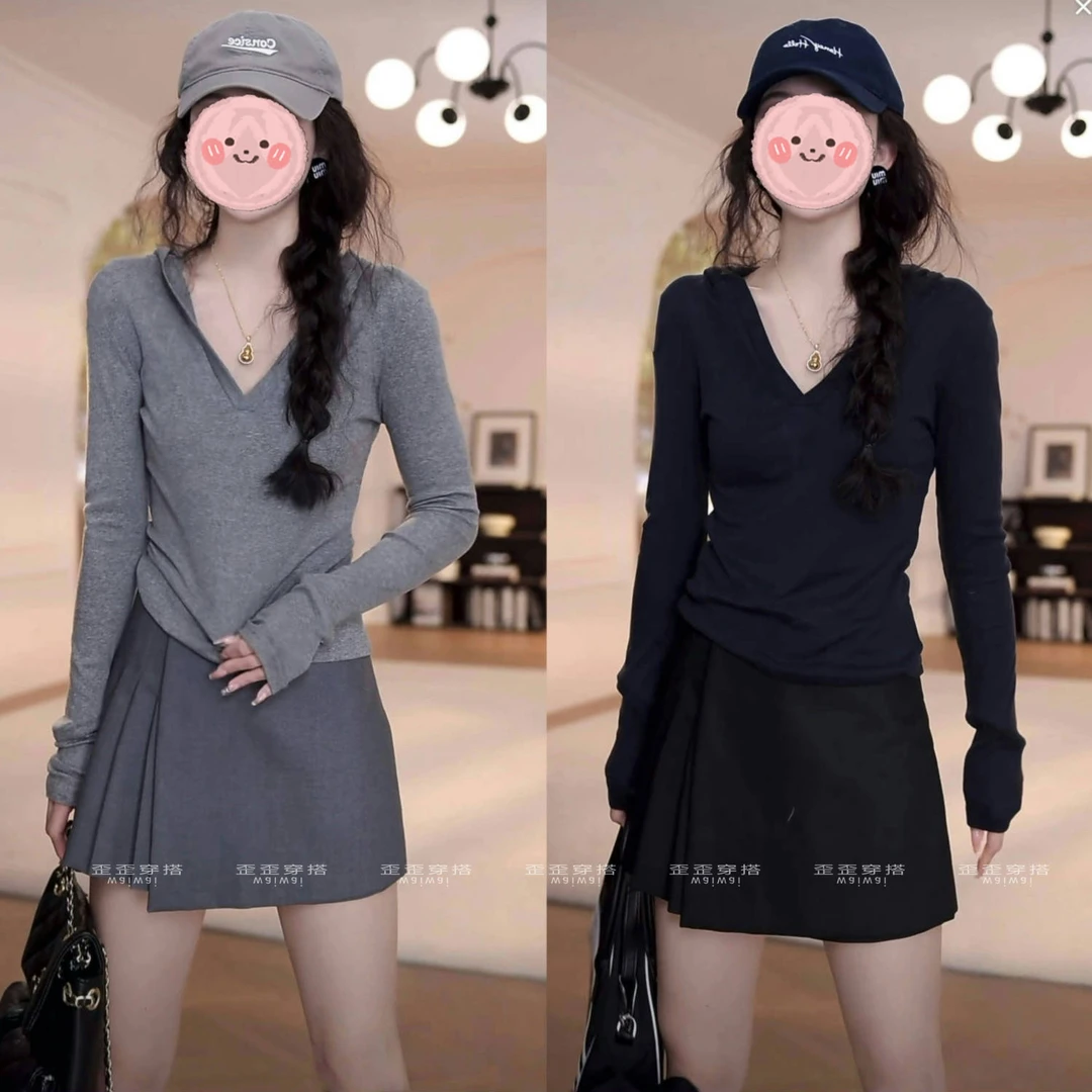 开春穿搭一整套女装洋气休闲装连帽T恤+百褶裙裤两件套爆款