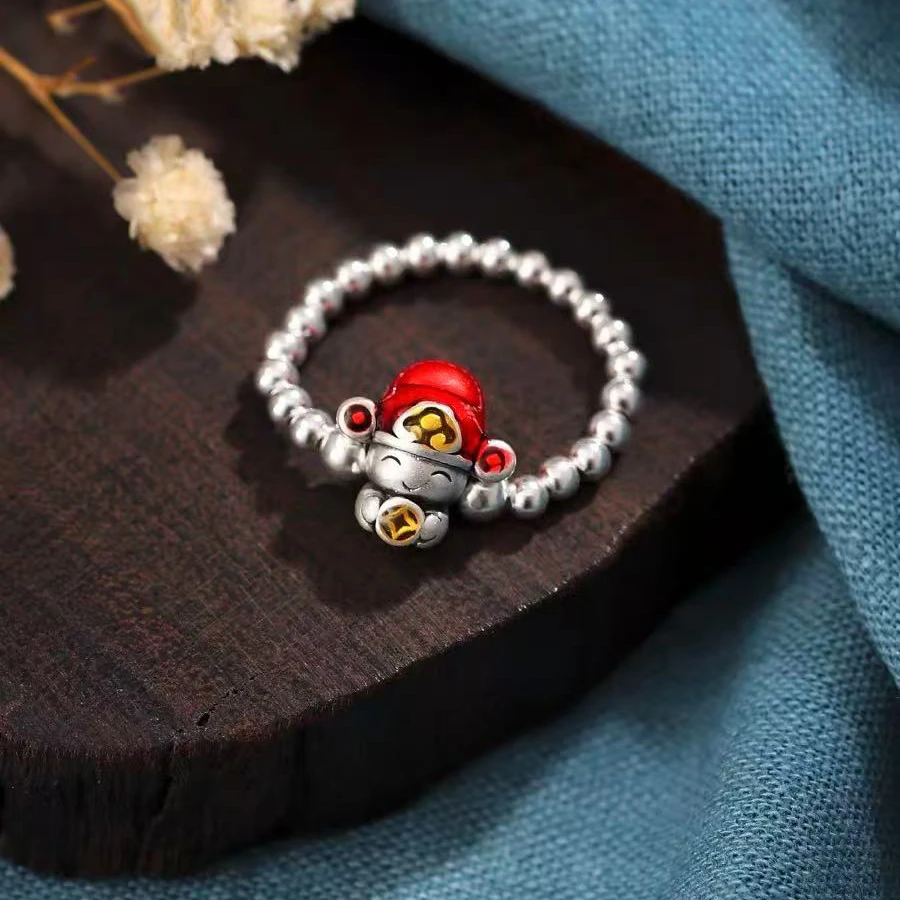 925银戒指 e69【小财神银戒指】气质时尚新中式小财神3mm银豆豆戒指