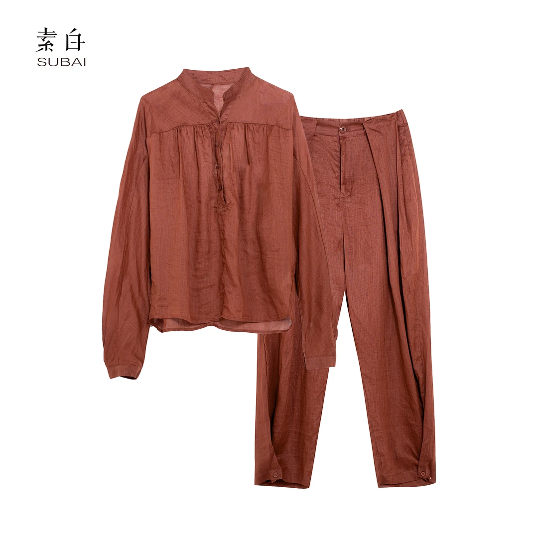 802360【素白】马乖苎麻衬衫长袖气质时尚宽松休闲设计师显瘦套装