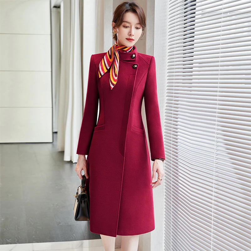 红色毛呢大衣女外套秋冬高级感前台工作装中长加棉职业装空姐制服