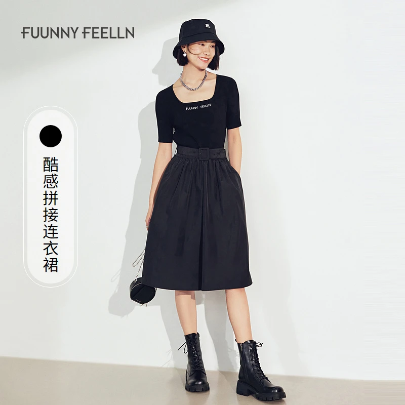 商场同款仿佛夏季黑色连衣裙拼接收腰显瘦修身设计感FF01542