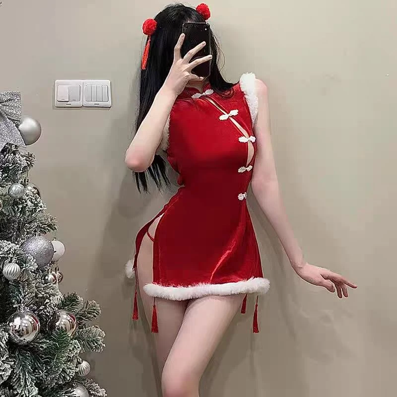 【圣诞旗袍】圣诞中式复古旗袍制服修身包臀诱惑性感露背家居服套装