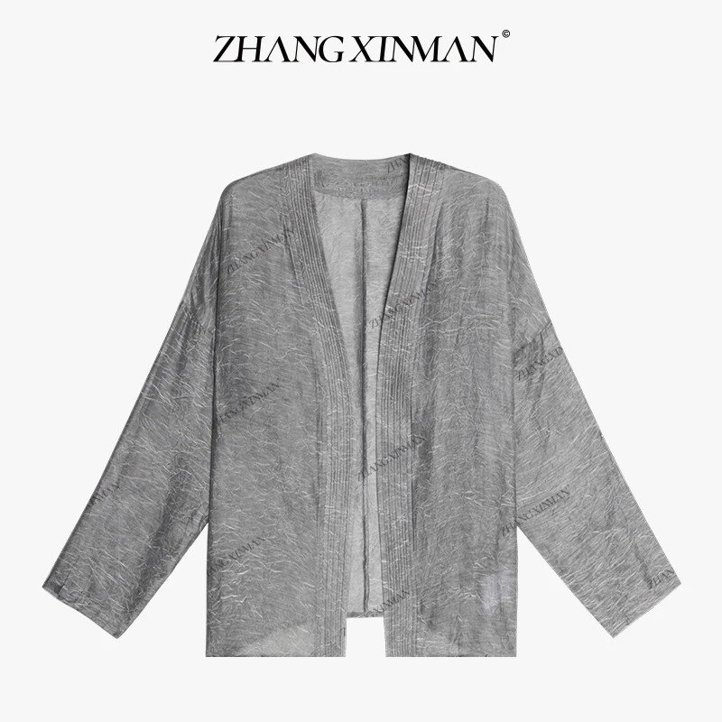 YIHOO-天丝纹理开衫上衣通用宽松型气质拼接简约衬衫R22935J