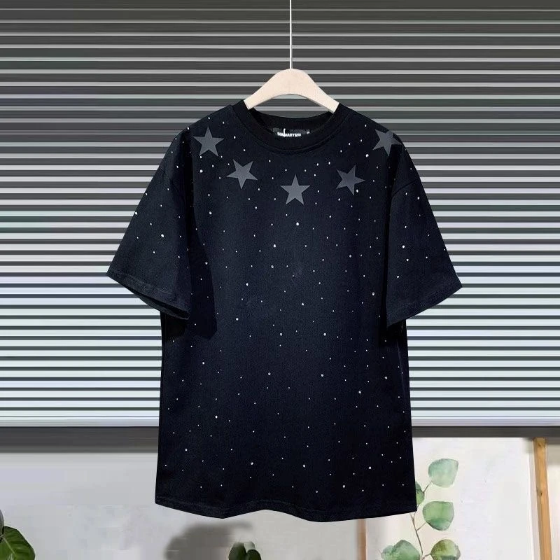 网红同款修身短袖休闲圆领烫钻印花半袖2025夏季情侣时尚棉质T恤