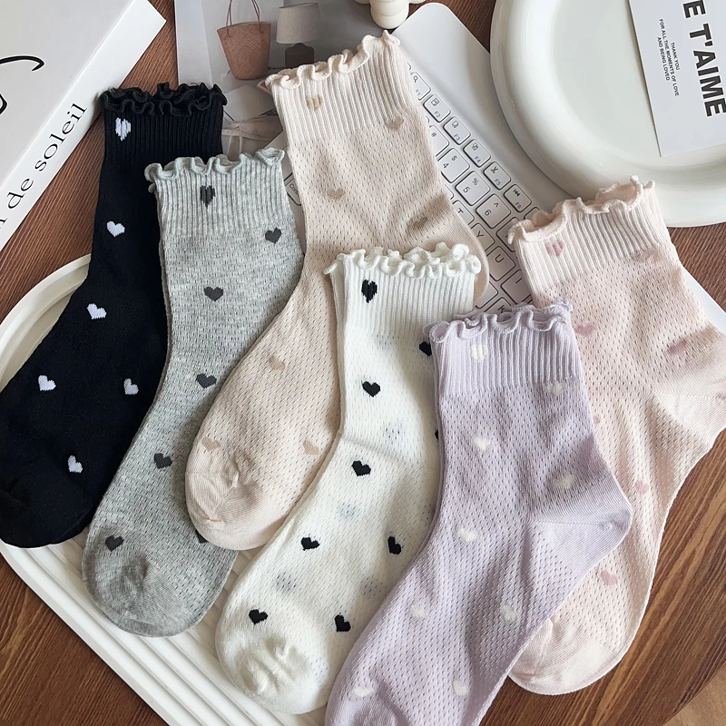 miu系袜子女木耳边爱心ins潮棉袜夏季网眼薄款配小皮鞋无骨堆堆袜