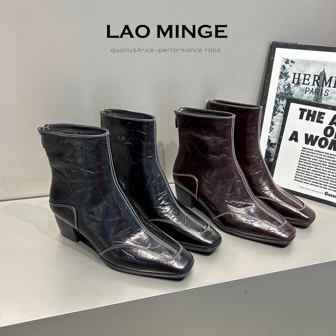 老敏哥冬季新款牛皮加绒明线方头瘦瘦靴粗跟短靴女鞋W176-7731