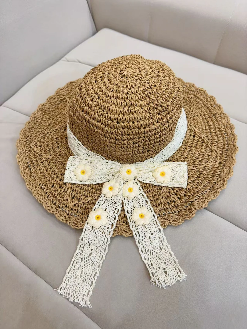 【蕾丝小雏菊飘带草帽女编织帽】XX81107夏季防晒遮阳帽