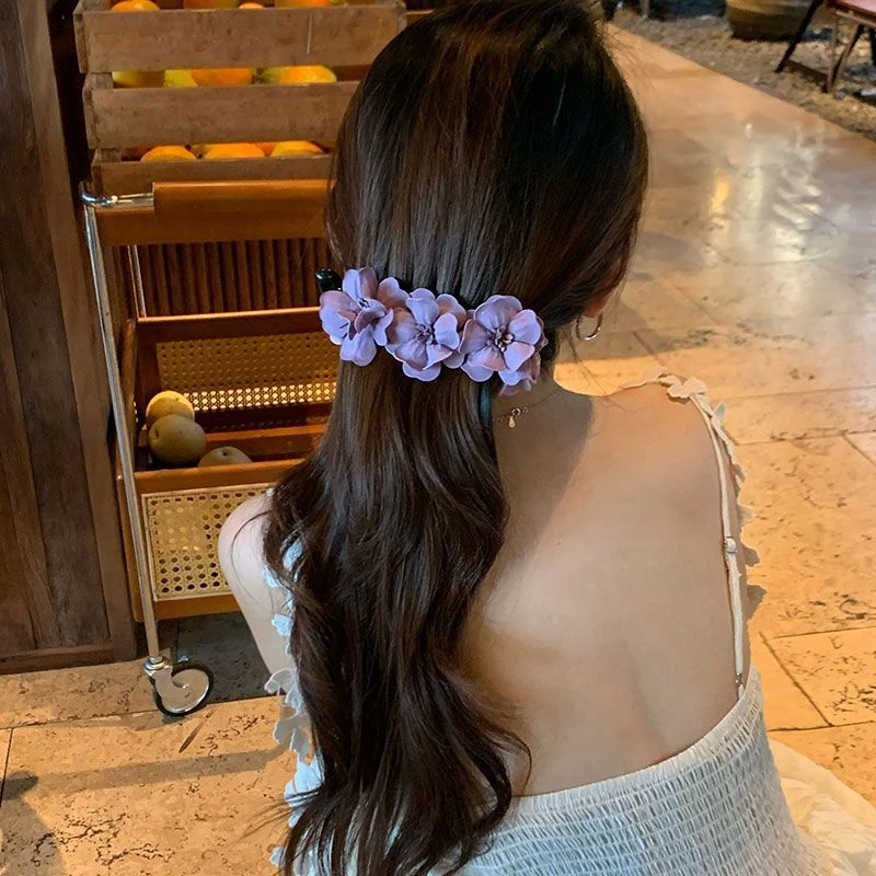 超仙度假风紫色并蒂花香蕉夹女海边绝美拍照发卡头饰抓夹ins发饰