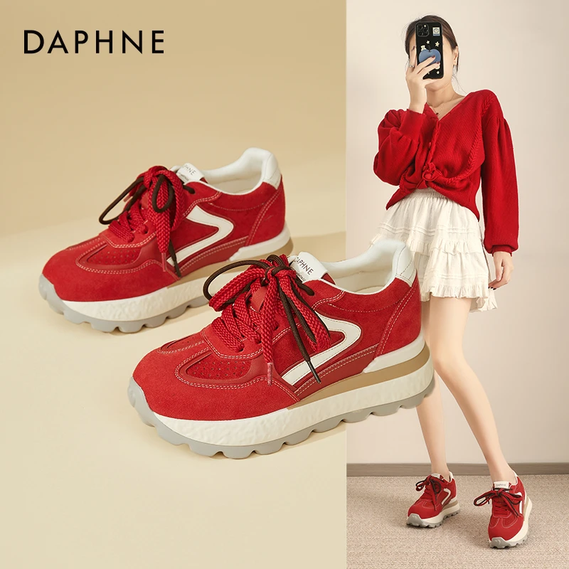 Daphne/达芙妮厚底增高红色老爹鞋女德训鞋时尚休闲运动鞋出游鞋