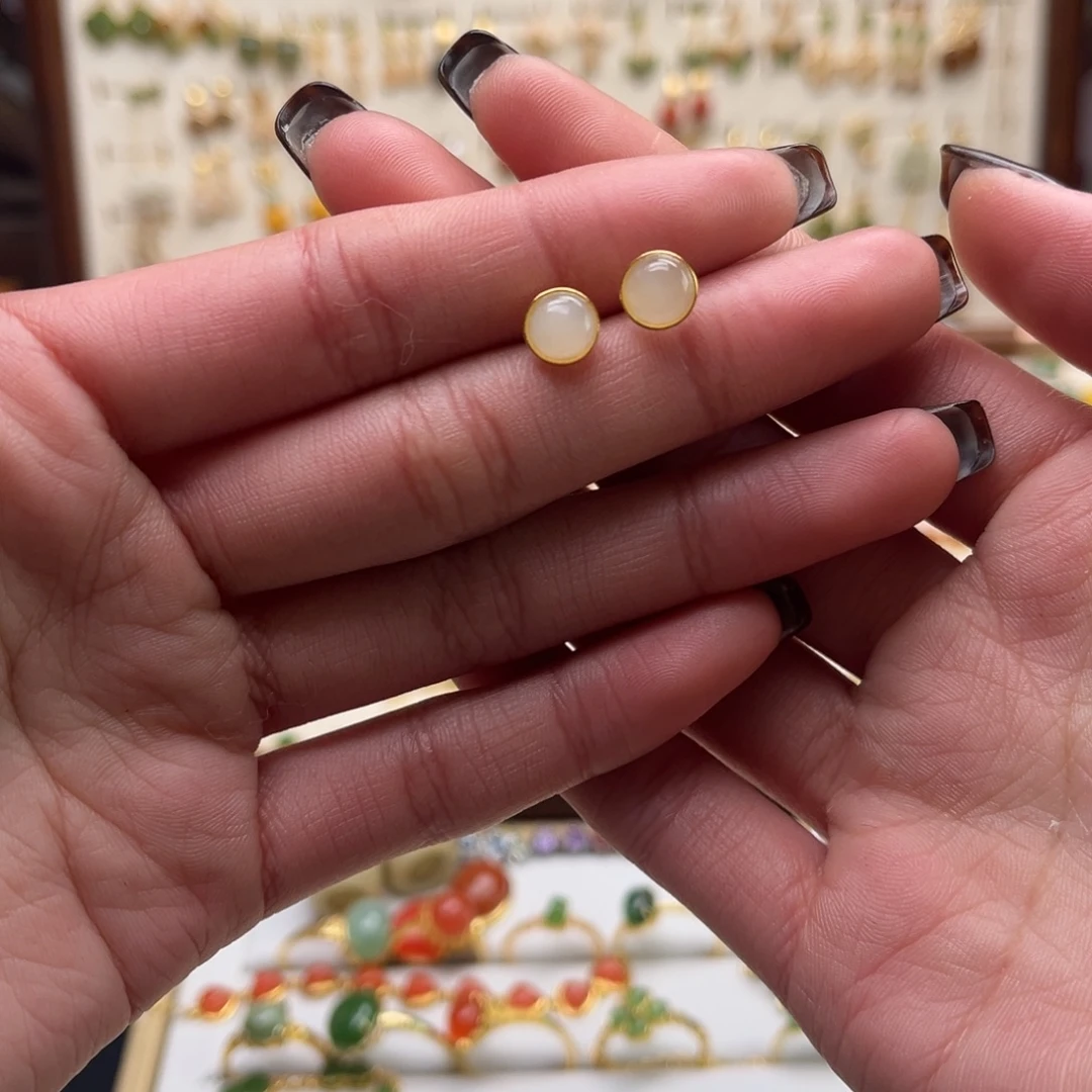 和田玉银S925镀金镶嵌耳饰