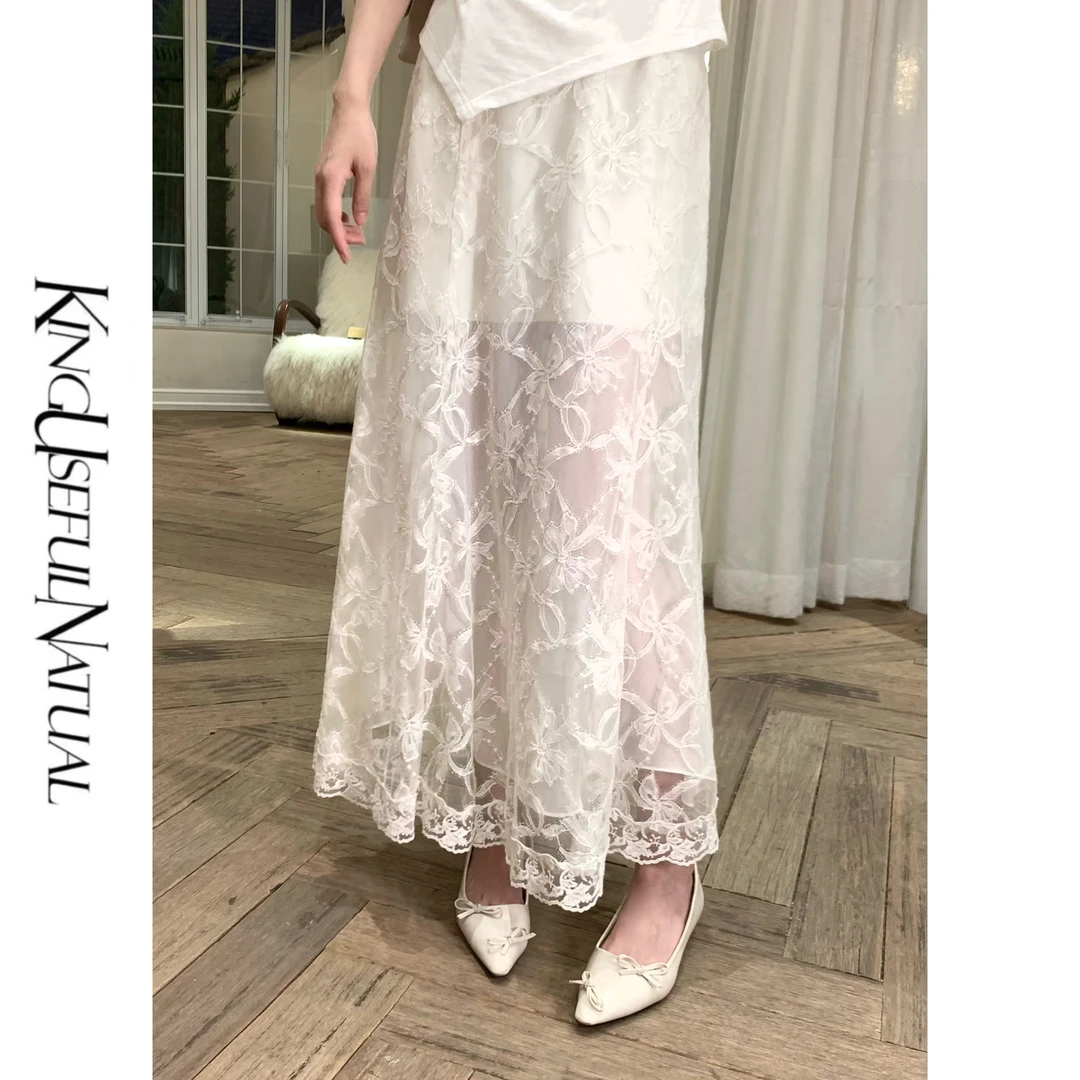 KUN【故月栖花】柔美线条 定制蝴蝶结蕾丝花型高腰微鱼尾半身裙