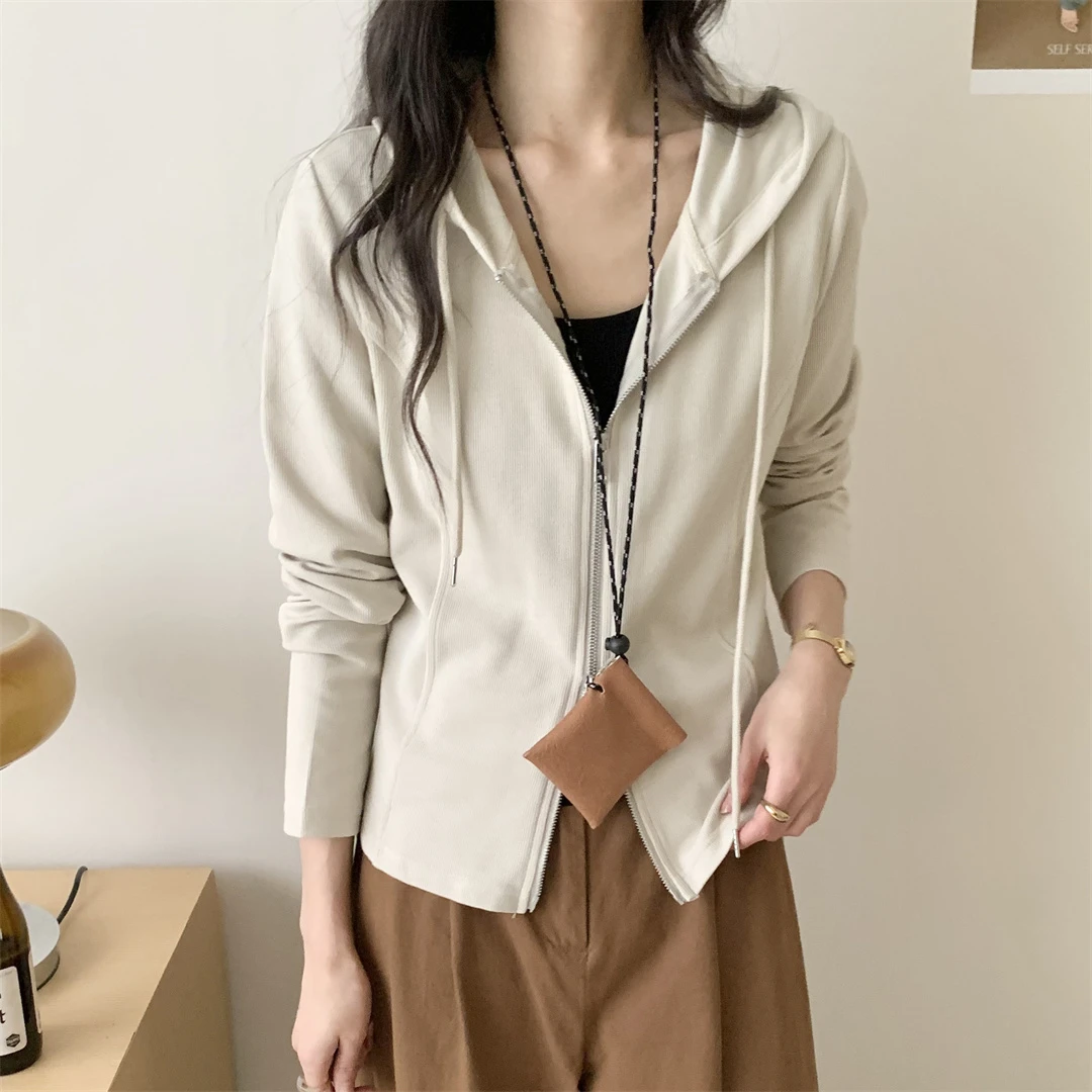 现货！2025年秋季卫衣女连帽双拉链休闲上衣修身厚款通勤长袖纯色
