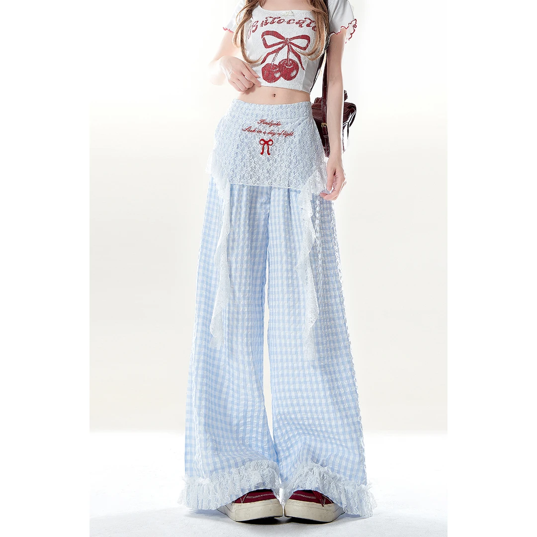 长裤休闲风休闲裤女士复古春夏夏季高腰拼接阔腿裤时尚