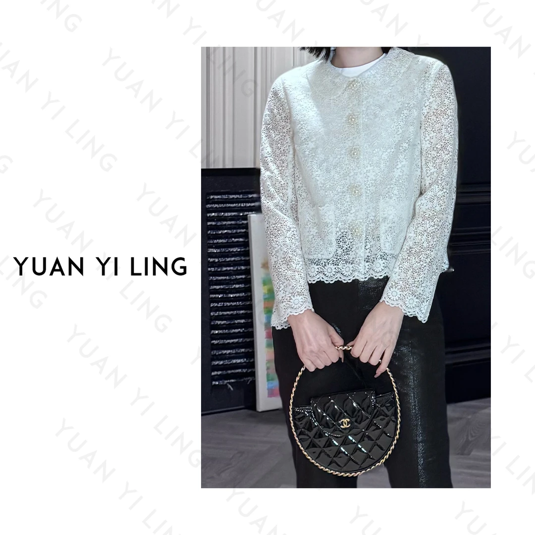 袁艺灵【璀璨黎芭】25夏款上新进口法式翻领蕾丝拼网纱亮片女装衬衫