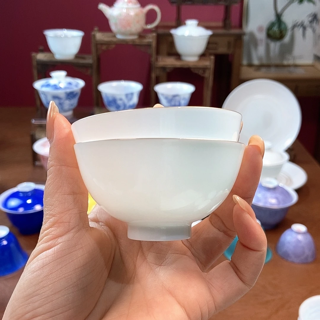 航****馆脱胎瓷高温手工超薄胎瓷描金鸡心主人杯2只